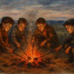 Vier Jungen sitzen in der Abenddämmerung der Herbstferien um ein Lagerfeuer, tragen altmodische Kleidung und Mützen und braten Essen auf Stöcken über den Flammen, während im Hintergrund eine ländliche Landschaft zu sehen ist.