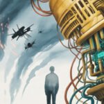 Die Silhouette einer Person steht neben einer großen, futuristischen, von der KI betriebenen Maschine mit leuchtenden Schaltkreisen und Kabeln, während Drohnen - Symbole der technischen Macht - durch einen wolkenverhangenen, dramatischen, von Licht durchfluteten Himmel fliegen.