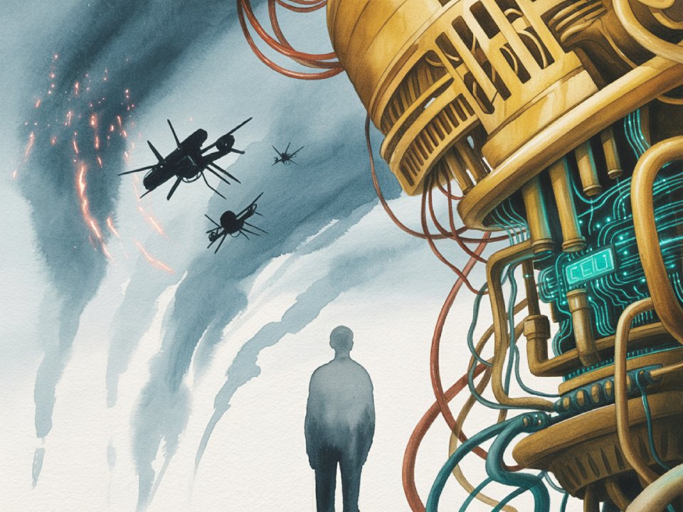 Die Silhouette einer Person steht neben einer großen, futuristischen, von der KI betriebenen Maschine mit leuchtenden Schaltkreisen und Kabeln, während Drohnen – Symbole der technischen Macht – durch einen wolkenverhangenen, dramatischen, von Licht durchfluteten Himmel fliegen. Die Silhouette einer Person steht neben einer großen, futuristischen, von der KI betriebenen Maschine mit leuchtenden Schaltkreisen und Kabeln, während Drohnen - Symbole der technischen Macht - durch einen wolkenverhangenen, dramatischen, von Licht durchfluteten Himmel fliegen.
