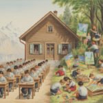 Kinder in Schuluniformen nehmen an der Bildung im Freien teil und zeichnen und malen an Tischen in der Nähe eines Holzhauses. Einige arbeiten an Staffeleien oder auf dem Boden unter Bäumen und bringen so kreative Formen in ihre Schule mit den Bergen im Hintergrund.