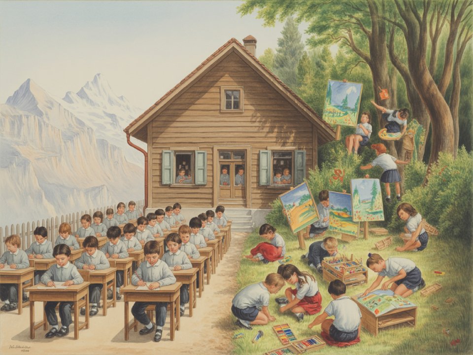 Kinder in Schuluniformen nehmen an der Bildung im Freien teil und zeichnen und malen an Tischen in der Nähe eines Holzhauses. Einige arbeiten an Staffeleien oder auf dem Boden unter Bäumen und bringen so kreative Formen in ihre Schule mit den Bergen im Hintergrund.