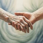 Eine Nahaufnahme einer älteren Hand, die sanft eine jüngere Hand hält, vor einem weichen, wirbelnden blau-weißen Hintergrund, der Fürsorge, Unterstützung und Verbindung zwischen den Generationen aus spiritueller Sicht symbolisiert.