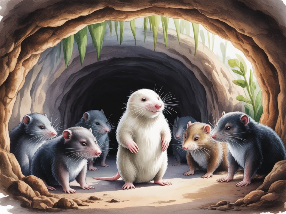 Eine Gruppe von sechs kleinen Nagetieren, darunter ein aufrecht stehender weißer Fremdling, versammelt sich in einer gemütlichen unterirdischen Höhle mit Pflanzen und Wurzeln am Eingang.
