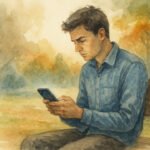 Ein Aquarell, das einen jungen Mann zeigt, der auf einer Parkbank sitzt und in sein Smartphone vertieft ist. Herbstbäume und sanftes Sonnenlicht erzeugen eine ruhige, kontemplative Atmosphäre, die auf subtile Weise die "Ökonomie der Ablenkung" im modernen Leben widerspiegelt.