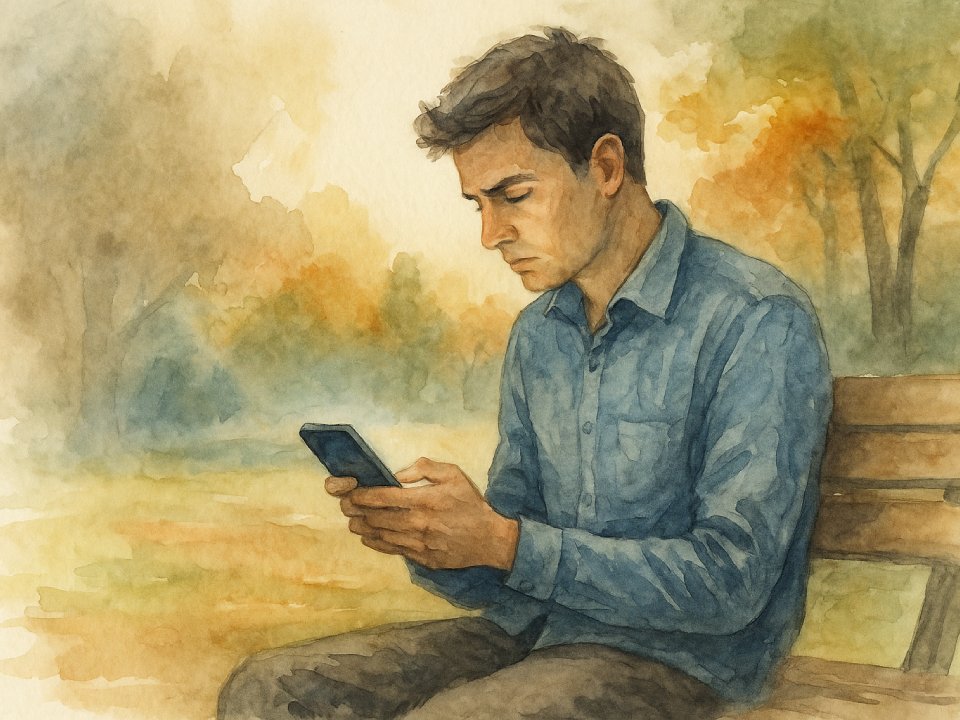 Ein Aquarell, das einen jungen Mann zeigt, der auf einer Parkbank sitzt und in sein Smartphone vertieft ist. Herbstbäume und sanftes Sonnenlicht erzeugen eine ruhige, kontemplative Atmosphäre, die auf subtile Weise die "Ökonomie der Ablenkung" im modernen Leben widerspiegelt.