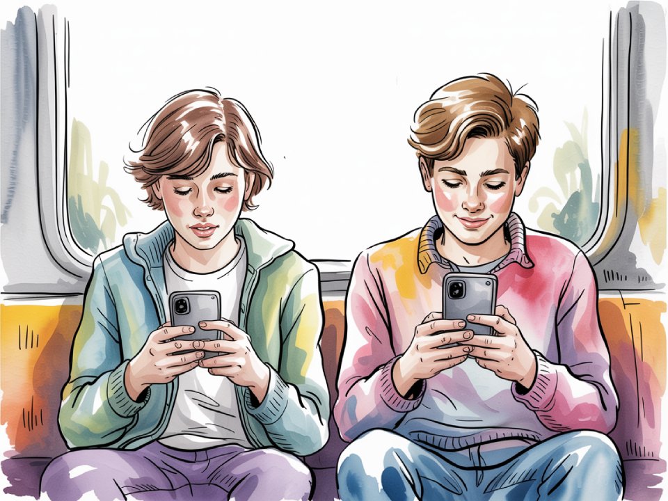 Zwei Teenager sitzen nebeneinander auf einer Bank, jeder konzentriert auf sein Smartphone. Beide tragen legere Kleidung und lächeln sanft, während das Licht von einem Fenster hinter ihnen hereinströmt.
