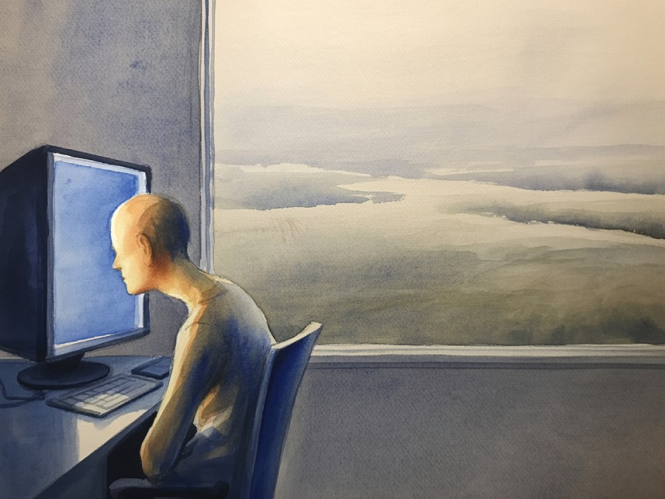 Eine Person mit Glatze sitzt zusammengekauert an einem Schreibtisch und starrt auf einen leuchtenden Computerbildschirm. Durch ein großes Fenster strömt sanftes Tageslicht. Draußen liegt eine verschwommene, friedliche Landschaft, die im Kontrast zu der stillen Spannung in Die Pandemie der Gedankenlosen steht. Eine Person mit Glatze sitzt zusammengekauert an einem Schreibtisch und starrt auf einen leuchtenden Computerbildschirm. Durch ein großes Fenster strömt sanftes Tageslicht. Draußen liegt eine verschwommene, friedliche Landschaft, die im Kontrast zu der stillen Spannung in Die Pandemie der Gedankenlosen steht.