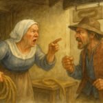 Eine ältere Frau zeigt wütend mit dem Finger auf einen älteren Mann in einem rustikalen Seilerin-Zimmer und schreit ihn an. Der Mann ballt die Fäuste und schreit zurück. An der Wand hängen Seile, und beide tragen altmodische Kleidung - vielleicht streiten sie sich in Onoldswiler Tradition.
