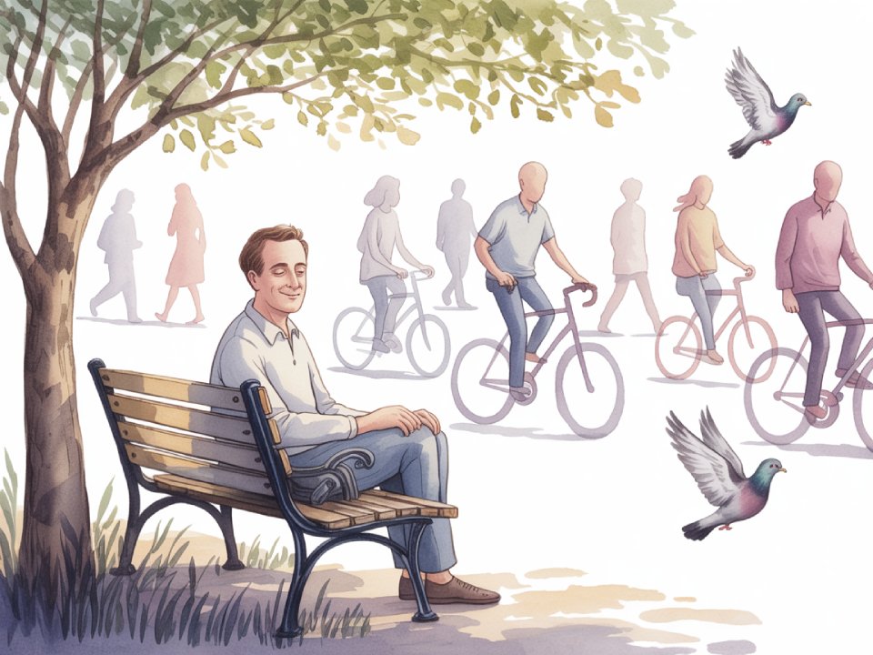 Ein Mann sitzt lächelnd auf einer Parkbank unter einem Baum und verkörpert Zum Lobe der Trägheit, während im Hintergrund unscharfe Figuren spazieren gehen und Fahrrad fahren. Zwei Tauben fliegen in der Nähe und tragen zu der friedlichen, lebendigen Atmosphäre bei. Ein Mann sitzt lächelnd auf einer Parkbank unter einem Baum und verkörpert Zum Lobe der Trägheit, während im Hintergrund unscharfe Figuren spazieren gehen und Fahrrad fahren. Zwei Tauben fliegen in der Nähe und tragen zu der friedlichen, lebendigen Atmosphäre bei.