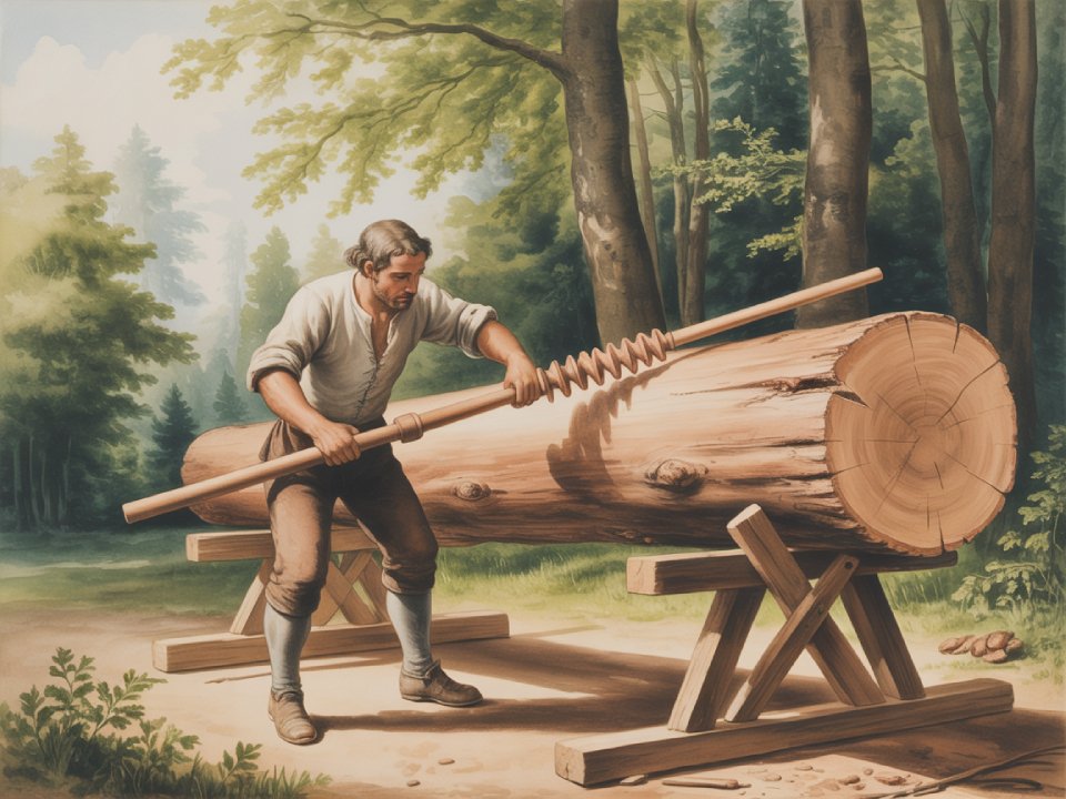 Ein Mann in historischer Kleidung arbeitet mit einer großen hölzernen Schraubvorrichtung an einem Baumstamm – vielleicht für den Bau eines Sodbrunnens – während das Sonnenlicht durch hohe Bäume fällt und an die Geschichte traditioneller Wassergewinnungsmethoden auf Waldlichtungen erinnert. Ein Mann in historischer Kleidung arbeitet mit einer großen hölzernen Schraubvorrichtung an einem Baumstamm - vielleicht für den Bau eines Sodbrunnens - während das Sonnenlicht durch hohe Bäume fällt und an die Geschichte traditioneller Wassergewinnungsmethoden auf Waldlichtungen erinnert.