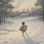 Ein barfuß gehendes Kind, das einen Sack trägt, läuft durch den Schnee und hinterlässt Fußspuren in Richtung zweier alter Hütten in einem verschneiten Wald in der Morgendämmerung, während Rauch aus einem Schornstein aufsteigt - eine stille Szene, die von den anhaltenden Schatten des Krieges geprägt ist.