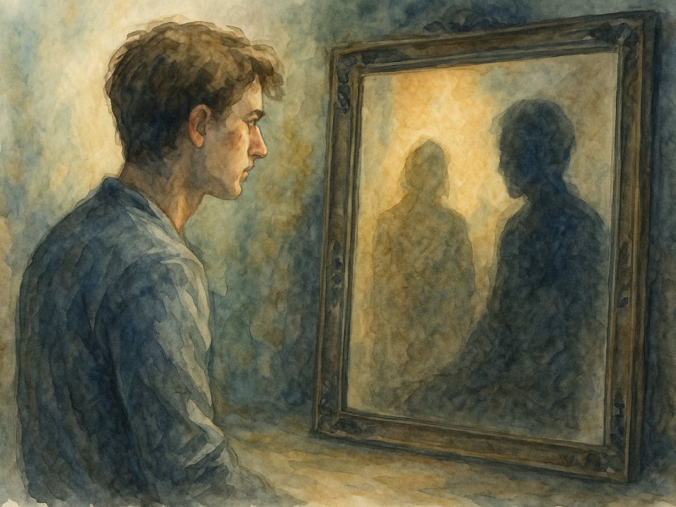 Ein junger Mann mit braunem Haar blickt nachdenklich in einen großen Spiegel, in dem sein Spiegelbild schattenhaft und undeutlich erscheint, was eine geheimnisvolle, von Carl Jung inspirierte Atmosphäre in dieser Aquarellszene schafft. Ein junger Mann mit braunem Haar blickt nachdenklich in einen großen Spiegel, in dem sein Spiegelbild schattenhaft und undeutlich erscheint, was eine geheimnisvolle, von Carl Jung inspirierte Atmosphäre in dieser Aquarellszene schafft.