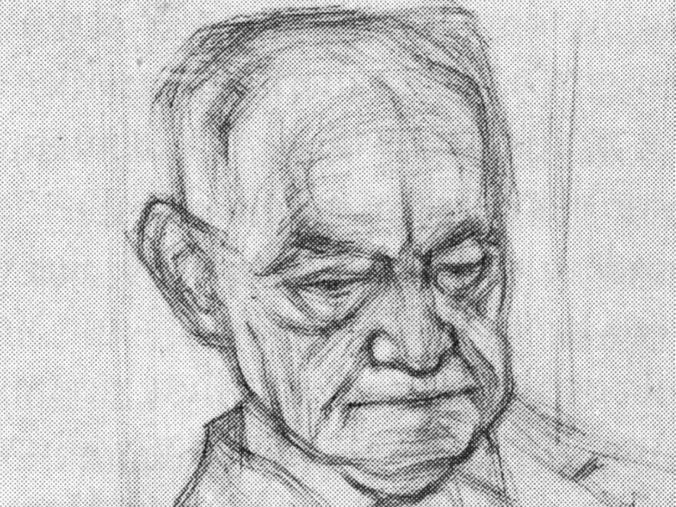 Bleistiftskizze des Dichterpfarrers Jacques Senn, eines älteren Mannes aus dem Waldenburgertal, mit ernster Miene, tiefliegenden Augen, ausgeprägten Wangenknochen und schütterem Haar, detailliert und realistisch auf strukturiertem Papier gezeichnet. Bleistiftskizze des Dichterpfarrers Jacques Senn, eines älteren Mannes aus dem Waldenburgertal, mit ernster Miene, tiefliegenden Augen, ausgeprägten Wangenknochen und schütterem Haar, detailliert und realistisch auf strukturiertem Papier gezeichnet.