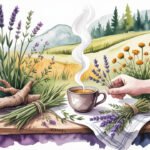 Eine dampfende Tasse Tee steht auf einem Tisch mit Lavendelbündeln und Wurzeln, während eine Hand einen Lavendelzweig hinzufügt - eine Weisheit aus der Hexenmedizin. Wildblumen, grasbewachsene Felder und bewaldete Hügel erstrecken sich unter dem hellen Himmel im Hintergrund.