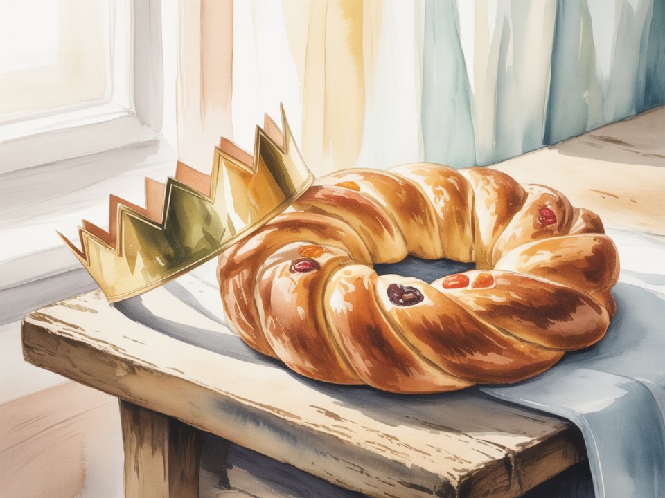 Eine goldene Papierkrone liegt neben einem glänzenden, runden Königskuchen mit bunten kandierten Früchten auf einem rustikalen Holztisch an einem sonnendurchfluteten Fenster und zelebriert Tradition und Geschichte. Eine goldene Papierkrone liegt neben einem glänzenden, runden Königskuchen mit bunten kandierten Früchten auf einem rustikalen Holztisch an einem sonnendurchfluteten Fenster und zelebriert Tradition und Geschichte.