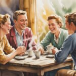 Vier Personen sitzen um einen Holztisch und teilen Lebenskunst, während sie gemeinsam Kaffee trinken und lachen. Sonnenlicht strömt durch das Fenster und schafft eine warme und fröhliche Atmosphäre. Die Gruppe wirkt entspannt und glücklich.