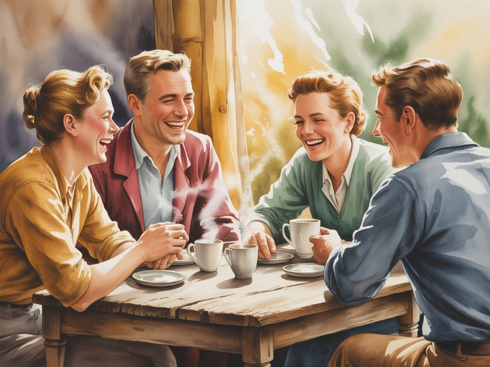 Vier Personen sitzen um einen Holztisch und teilen Lebenskunst, während sie gemeinsam Kaffee trinken und lachen. Sonnenlicht strömt durch das Fenster und schafft eine warme und fröhliche Atmosphäre. Die Gruppe wirkt entspannt und glücklich. Vier Personen sitzen um einen Holztisch und teilen Lebenskunst, während sie gemeinsam Kaffee trinken und lachen. Sonnenlicht strömt durch das Fenster und schafft eine warme und fröhliche Atmosphäre. Die Gruppe wirkt entspannt und glücklich.