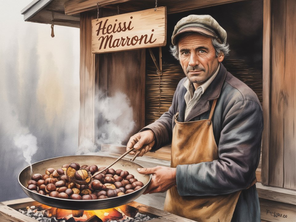 Ein Marronibrater in einer Schürze röstet Kastanien über einer offenen Flamme an einem Holzstand im Freien, auf dem ein Schild mit der Aufschrift „Heissi Marroni“ angebracht ist. Dampf steigt aus der Pfanne auf, während er mit ernster Miene in die Kamera schaut. Ein Marronibrater in einer Schürze röstet Kastanien über einer offenen Flamme an einem Holzstand im Freien, auf dem ein Schild mit der Aufschrift "Heissi Marroni" angebracht ist. Dampf steigt aus der Pfanne auf, während er mit ernster Miene in die Kamera schaut.
