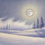 Ein Aquarell einer verschneiten Landschaft bei Vollmond, in der die Kiefern lange Schatten werfen. Sanfte Wolken und Sterne füllen den Nachthimmel, während Monde über sanften, schneebedeckten Hügeln leuchten - Echos der verlorenen Zeit in der stillen Schönheit des Winters.