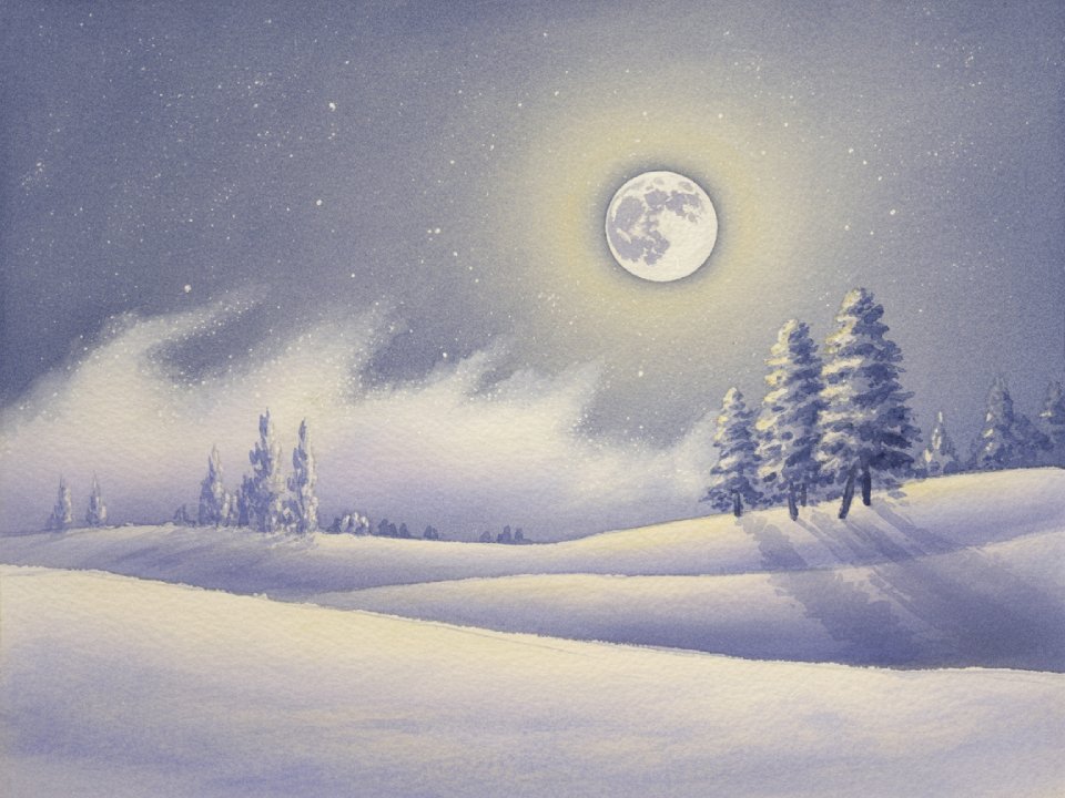 Ein Aquarell einer verschneiten Landschaft bei Vollmond, in der die Kiefern lange Schatten werfen. Sanfte Wolken und Sterne füllen den Nachthimmel, während Monde über sanften, schneebedeckten Hügeln leuchten – Echos der verlorenen Zeit in der stillen Schönheit des Winters. Ein Aquarell einer verschneiten Landschaft bei Vollmond, in der die Kiefern lange Schatten werfen. Sanfte Wolken und Sterne füllen den Nachthimmel, während Monde über sanften, schneebedeckten Hügeln leuchten - Echos der verlorenen Zeit in der stillen Schönheit des Winters.