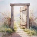 Ein hölzernes Gartentor steht offen auf einem Steinweg, umgeben von hohem Gras und Wildblumen, durch das sanftes Sonnenlicht fällt, und die leise Tür trägt zu der friedlichen, einladenden Atmosphäre bei.