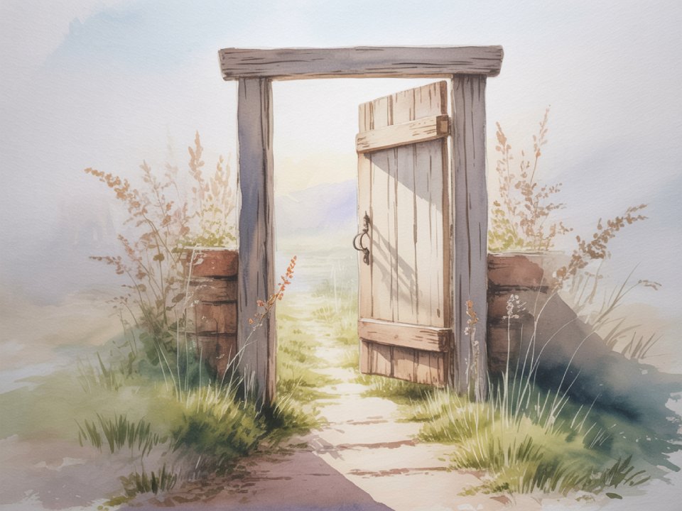 Ein hölzernes Gartentor steht offen auf einem Steinweg, umgeben von hohem Gras und Wildblumen, durch das sanftes Sonnenlicht fällt, und die leise Tür trägt zu der friedlichen, einladenden Atmosphäre bei. Ein hölzernes Gartentor steht offen auf einem Steinweg, umgeben von hohem Gras und Wildblumen, durch das sanftes Sonnenlicht fällt, und die leise Tür trägt zu der friedlichen, einladenden Atmosphäre bei.
