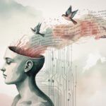 Ein digitales Gemälde einer gelassenen Person mit offenem Kopf; Worte und Vögel fließen heraus und symbolisieren Wissensarbeit und Freiheit. Schaltkreismuster am Hals deuten auf die Verwandlung von Technik und Fantasie hin. Pastellfarben erzeugen einen verträumten Effekt.