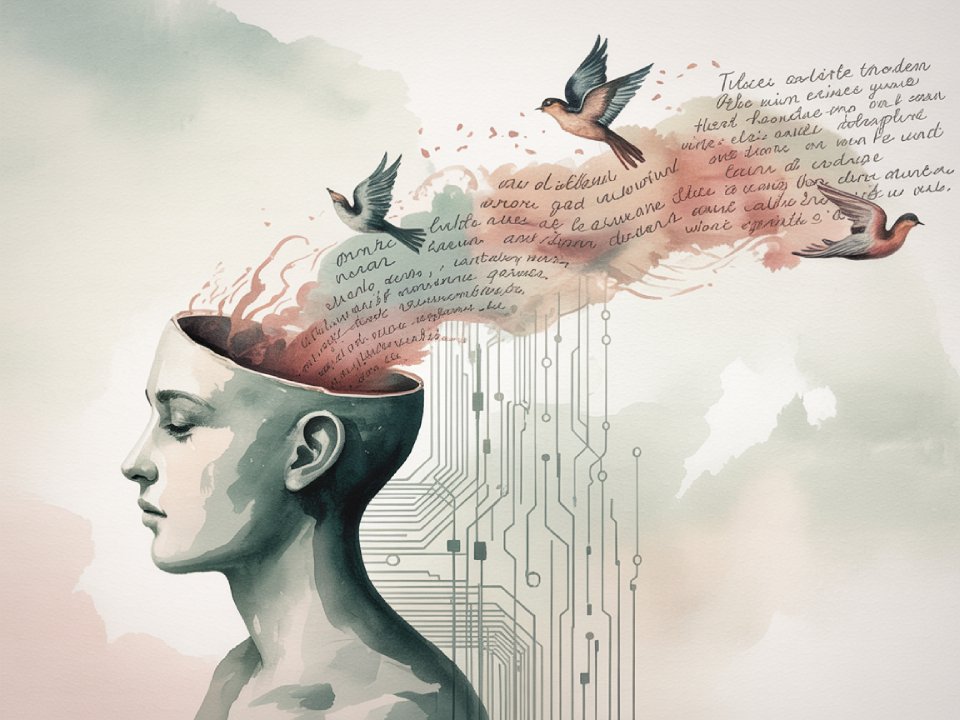 Ein digitales Gemälde einer gelassenen Person mit offenem Kopf; Worte und Vögel fließen heraus und symbolisieren Wissensarbeit und Freiheit. Schaltkreismuster am Hals deuten auf die Verwandlung von Technik und Fantasie hin. Pastellfarben erzeugen einen verträumten Effekt. Ein digitales Gemälde einer gelassenen Person mit offenem Kopf; Worte und Vögel fließen heraus und symbolisieren Wissensarbeit und Freiheit. Schaltkreismuster am Hals deuten auf die Verwandlung von Technik und Fantasie hin. Pastellfarben erzeugen einen verträumten Effekt.