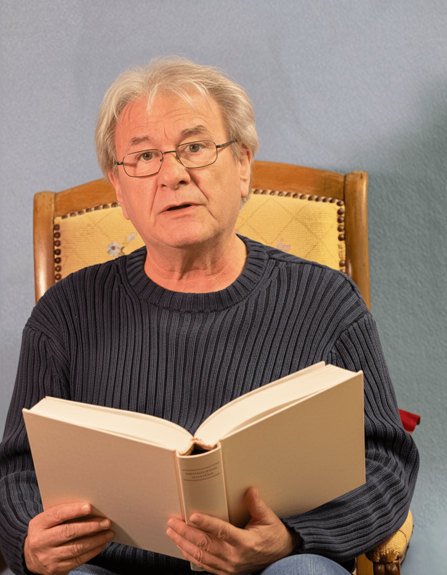 Ein älterer Mann mit grauem Haar und Brille sitzt in einem Holzstuhl, trägt einen dunklen Pullover, hält ein aufgeschlagenes Buch in der Hand und blickt von den Seiten auf. Der Hintergrund ist eine schlichte, helle Wand. Ein älterer Mann mit grauem Haar und Brille sitzt in einem Holzstuhl, trägt einen dunklen Pullover, hält ein aufgeschlagenes Buch in der Hand und blickt von den Seiten auf. Der Hintergrund ist eine schlichte, helle Wand.