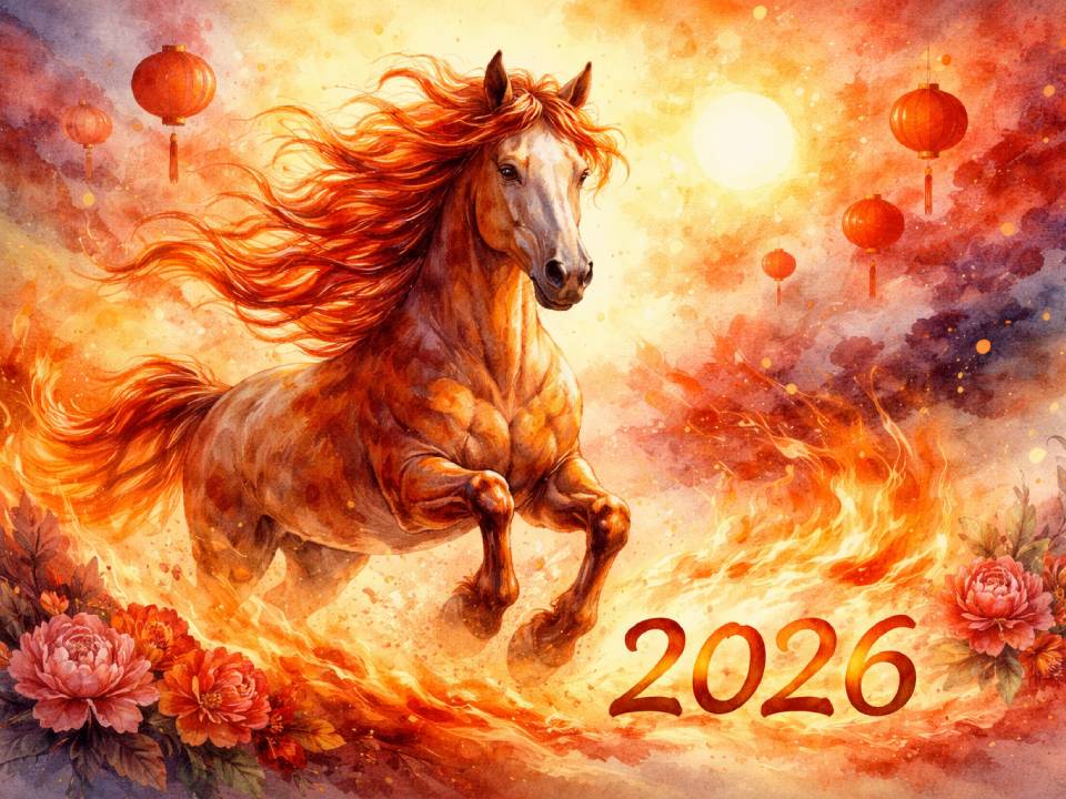 Ein kräftiges Pferd mit feuriger Mähne läuft durch Flammen, umgeben von roten Laternen, blühenden Pfingstrosen und einer glühenden Sonne. Die Zahl 2026 wird angezeigt und fängt Gedanken zum Feuerpferdjahr 2026 in dieser lebendigen, festlichen Szene ein. Ein kräftiges Pferd mit feuriger Mähne läuft durch Flammen, umgeben von roten Laternen, blühenden Pfingstrosen und einer glühenden Sonne. Die Zahl 2026 wird angezeigt und fängt Gedanken zum Feuerpferdjahr 2026 in dieser lebendigen, festlichen Szene ein.