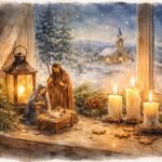 Eine gemütliche Weihnachtsszene zeigt eine Krippe mit Maria, Josef und dem Jesuskind neben leuchtenden Kerzen und einer Laterne auf einer Fensterbank, Tannenzweigen und -zapfen, mit einem verschneiten Dorf und einer Kirche vor dem Fenster.