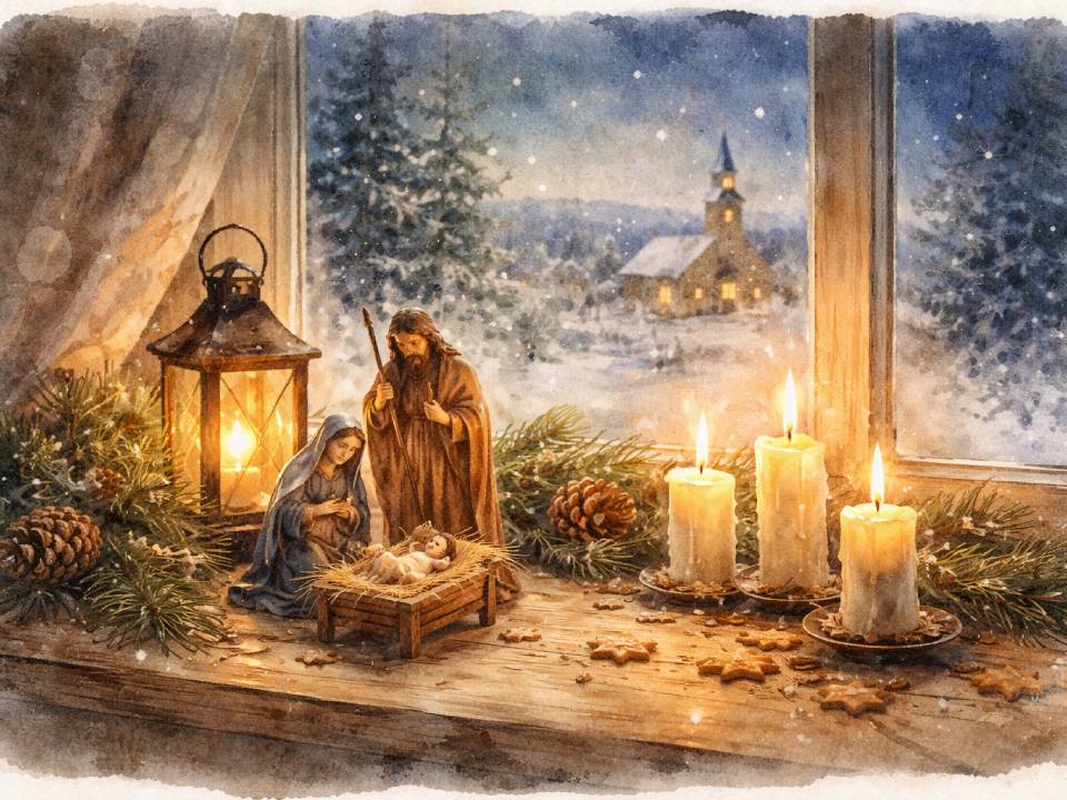 Eine gemütliche Weihnachtsszene zeigt eine Krippe mit Maria, Josef und dem Jesuskind neben leuchtenden Kerzen und einer Laterne auf einer Fensterbank, Tannenzweigen und -zapfen, mit einem verschneiten Dorf und einer Kirche vor dem Fenster. Eine gemütliche Weihnachtsszene zeigt eine Krippe mit Maria, Josef und dem Jesuskind neben leuchtenden Kerzen und einer Laterne auf einer Fensterbank, Tannenzweigen und -zapfen, mit einem verschneiten Dorf und einer Kirche vor dem Fenster.