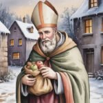 Ein älterer Mann mit rotem Mantel und Bischofsmütze steht als Nikolaus mit einem Sack voller Früchte und Nüsse auf einer verschneiten Dorfstraße mit warm beleuchteten Häusern im Hintergrund.