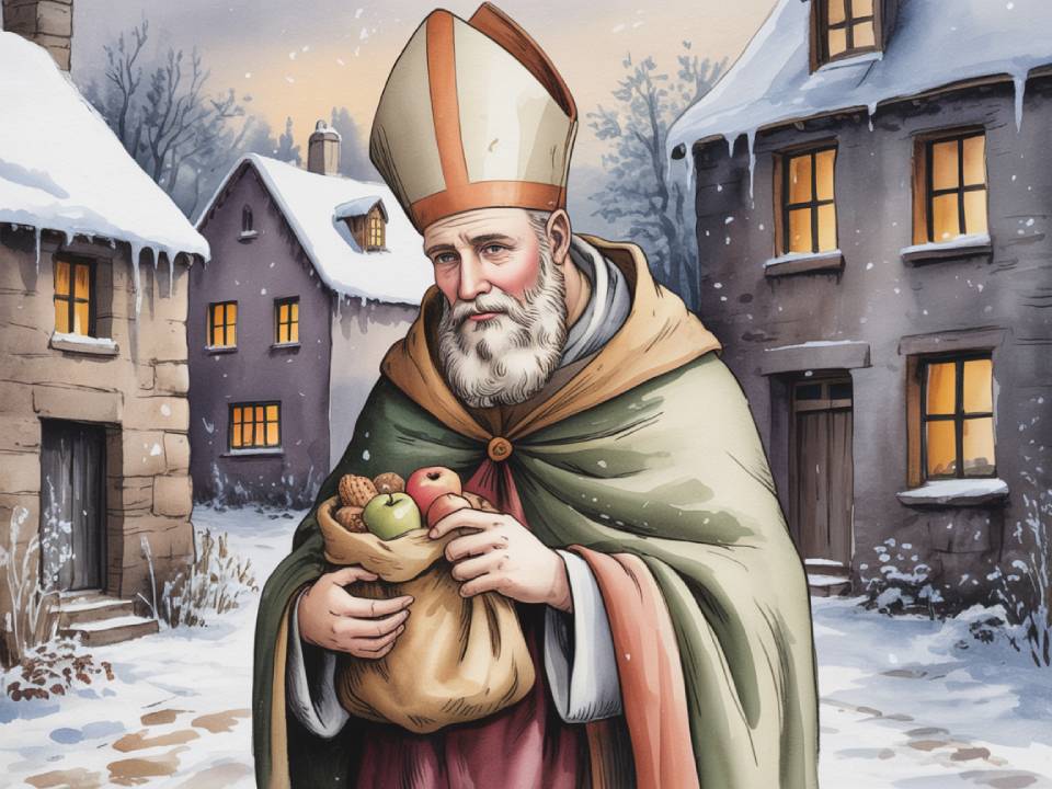 Ein älterer Mann mit rotem Mantel und Bischofsmütze steht als Nikolaus mit einem Sack voller Früchte und Nüsse auf einer verschneiten Dorfstraße mit warm beleuchteten Häusern im Hintergrund. Ein älterer Mann mit rotem Mantel und Bischofsmütze steht als Nikolaus mit einem Sack voller Früchte und Nüsse auf einer verschneiten Dorfstraße mit warm beleuchteten Häusern im Hintergrund.