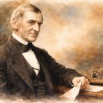 Ein vornehmer älterer Mann, der Ralph Waldo Emerson ähnelt, sitzt in einem Anzug aus dem 19. Jahrhundert an einem Schreibtisch und hält ein Blatt Papier. In der Nähe befinden sich ein Tintenfass und eine Feder. Der Hintergrund ist sanft in warmen, neutralen Tönen gemalt.