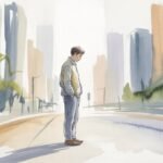 Eine Person steht allein auf einer leeren Stadtstraße, umgeben von hohen, abstrakten Gebäuden mit weichen, gedämpften Farben, die an Das Berlin-Paradox erinnern und eine ruhige und kontemplative Atmosphäre schaffen.