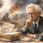 Ein älterer Mann, der Bertrand Russell ähnelt, sitzt nachdenklich an einem Schreibtisch mit Büchern, Papieren mit der Aufschrift "ZENSIERT" und einem Federkiel, während hinter ihm Soldaten und Explosionen ein rauchiges, chaotisches Schlachtfeld füllen.
