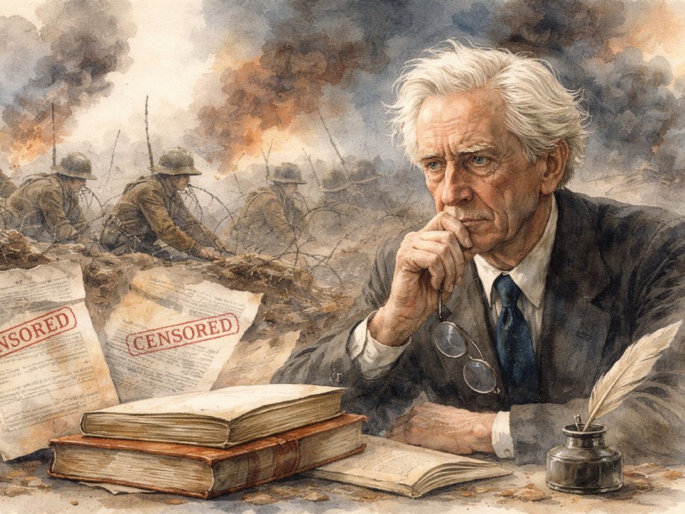 Ein älterer Mann, der Bertrand Russell ähnelt, sitzt nachdenklich an einem Schreibtisch mit Büchern, Papieren mit der Aufschrift „ZENSIERT“ und einem Federkiel, während hinter ihm Soldaten und Explosionen ein rauchiges, chaotisches Schlachtfeld füllen. Ein älterer Mann, der Bertrand Russell ähnelt, sitzt nachdenklich an einem Schreibtisch mit Büchern, Papieren mit der Aufschrift "ZENSIERT" und einem Federkiel, während hinter ihm Soldaten und Explosionen ein rauchiges, chaotisches Schlachtfeld füllen.