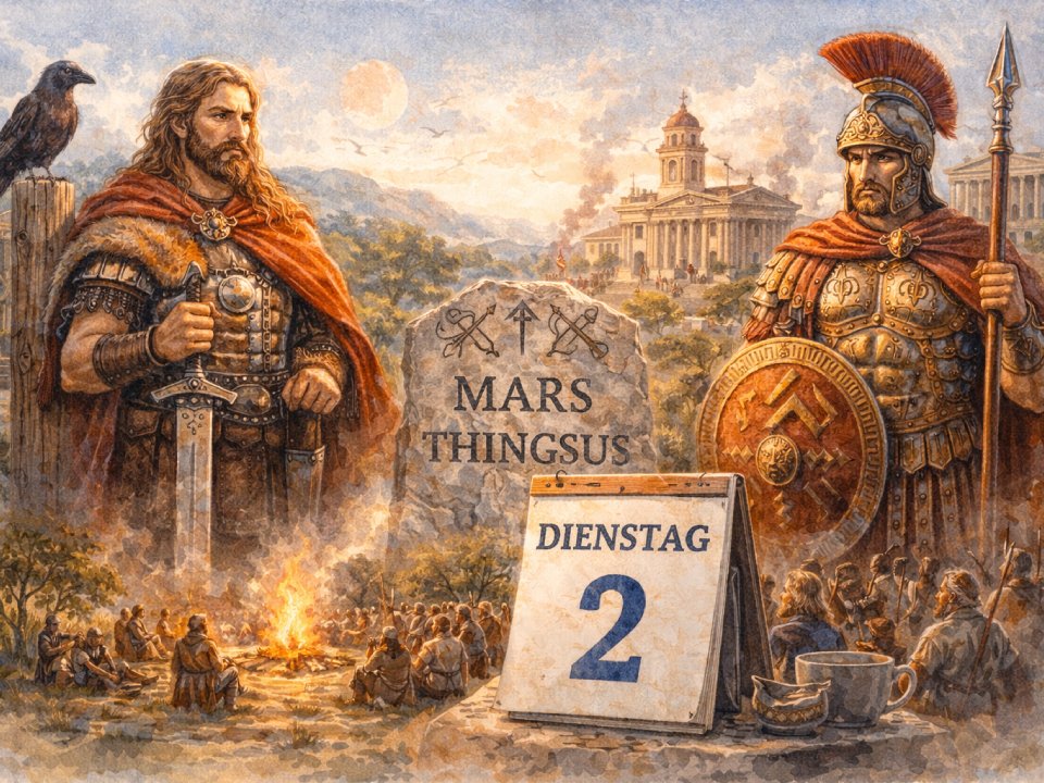 Zwei antike Krieger, ein Germane und ein Römer, stehen neben einem Stein mit der Inschrift Mars Thingsus. Ein Kalender markiert den Dienstag 2. Ein Lagerfeuer leuchtet, während sich Menschen in der Nähe der klassischen Architektur im Hintergrund versammeln.
