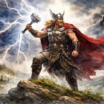 Ein muskulöser nordischer Krieger in Rüstung und rotem Umhang steht auf einem felsigen Hügel und hält den Hammer von Thors Tag in die Höhe, während hinter ihm unter einem stürmischen Himmel Blitze zucken. Im Hintergrund sind ein Dorf und die Berge auf der anderen Seite des Bodens zu sehen.