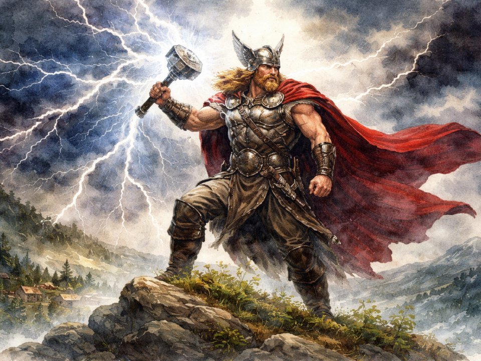 Ein muskulöser nordischer Krieger in Rüstung und rotem Umhang steht auf einem felsigen Hügel und hält den Hammer von Thors Tag in die Höhe, während hinter ihm unter einem stürmischen Himmel Blitze zucken. Im Hintergrund sind ein Dorf und die Berge auf der anderen Seite des Bodens zu sehen. Ein muskulöser nordischer Krieger in Rüstung und rotem Umhang steht auf einem felsigen Hügel und hält den Hammer von Thors Tag in die Höhe, während hinter ihm unter einem stürmischen Himmel Blitze zucken. Im Hintergrund sind ein Dorf und die Berge auf der anderen Seite des Bodens zu sehen.