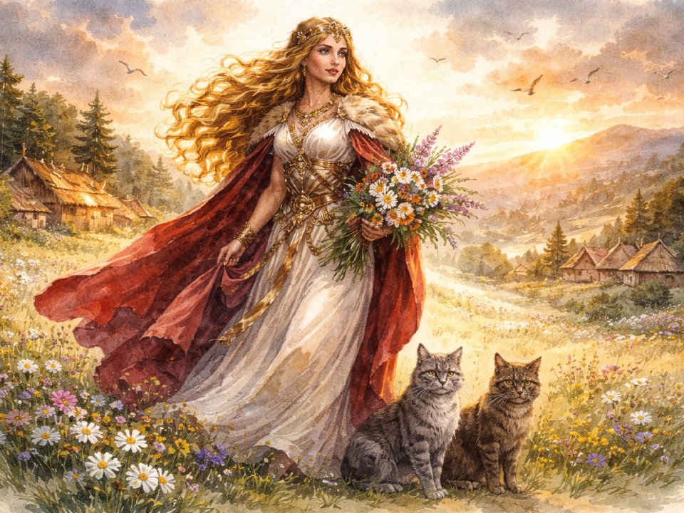 Eine Frau in wallendem Kleid und rotem Umhang steht auf einer sonnenbeschienenen Wiese und hält Wildblumen in der Hand, zu ihren Füßen zwei Katzen. Dahinter liegen Wald und Hütten, die Szene erstrahlt im Glanz, als wäre es Freyjas Tag. Eine Frau in wallendem Kleid und rotem Umhang steht auf einer sonnenbeschienenen Wiese und hält Wildblumen in der Hand, zu ihren Füßen zwei Katzen. Dahinter liegen Wald und Hütten, die Szene erstrahlt im Glanz, als wäre es Freyjas Tag.