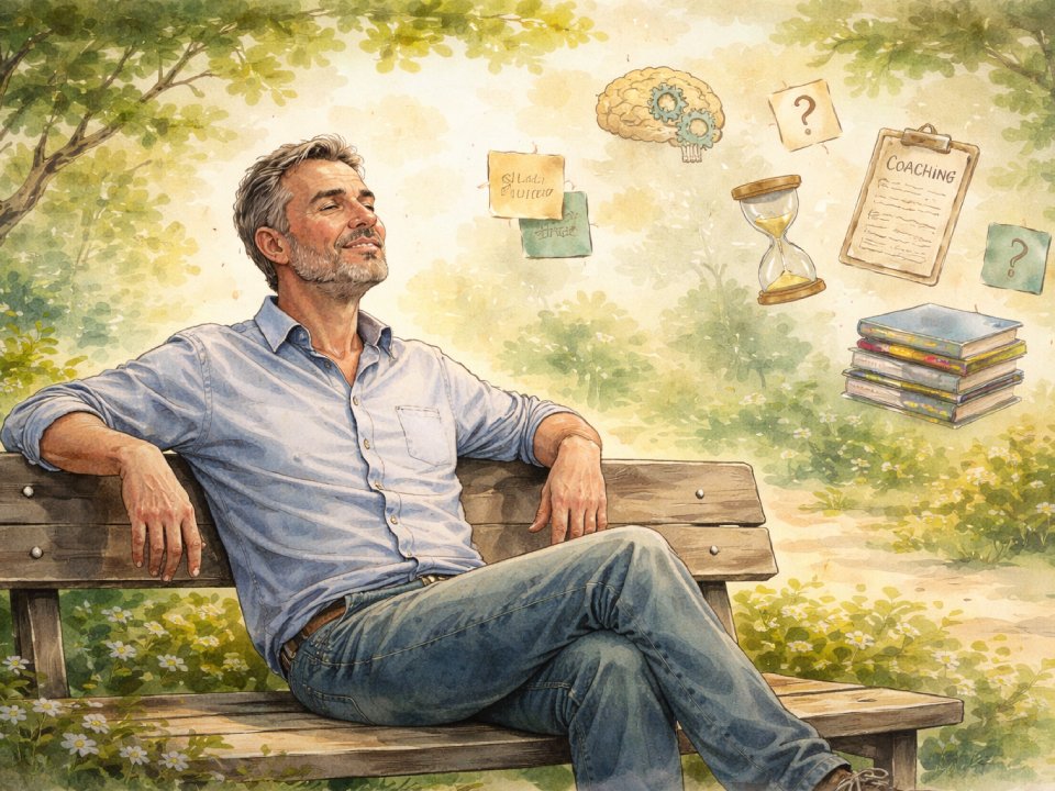 Ein entspannter Mann sitzt mit geschlossenen Augen auf einer Parkbank, umgeben von illustrierten Symbolen wie einem Gehirn, einer Sanduhr, einem Klemmbrett mit der Aufschrift „Coaching“, Büchern und Fragezeichen, die Nachdenken, Lernen und die Konzentration auf sein Innenleben symbolisieren. Ein entspannter Mann sitzt mit geschlossenen Augen auf einer Parkbank, umgeben von illustrierten Symbolen wie einem Gehirn, einer Sanduhr, einem Klemmbrett mit der Aufschrift "Coaching", Büchern und Fragezeichen, die Nachdenken, Lernen und die Konzentration auf sein Innenleben symbolisieren.