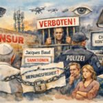 Eine Aquarellillustration, die die Zensur darstellt: ein inhaftierter Mann, Polizei, Überwachungskameras, "ZENSUR" an einer Wand, angekettete "Meinungsfreiheit" und Kontrollsymbole wie "1984" und "Verboten!"-Schilder.