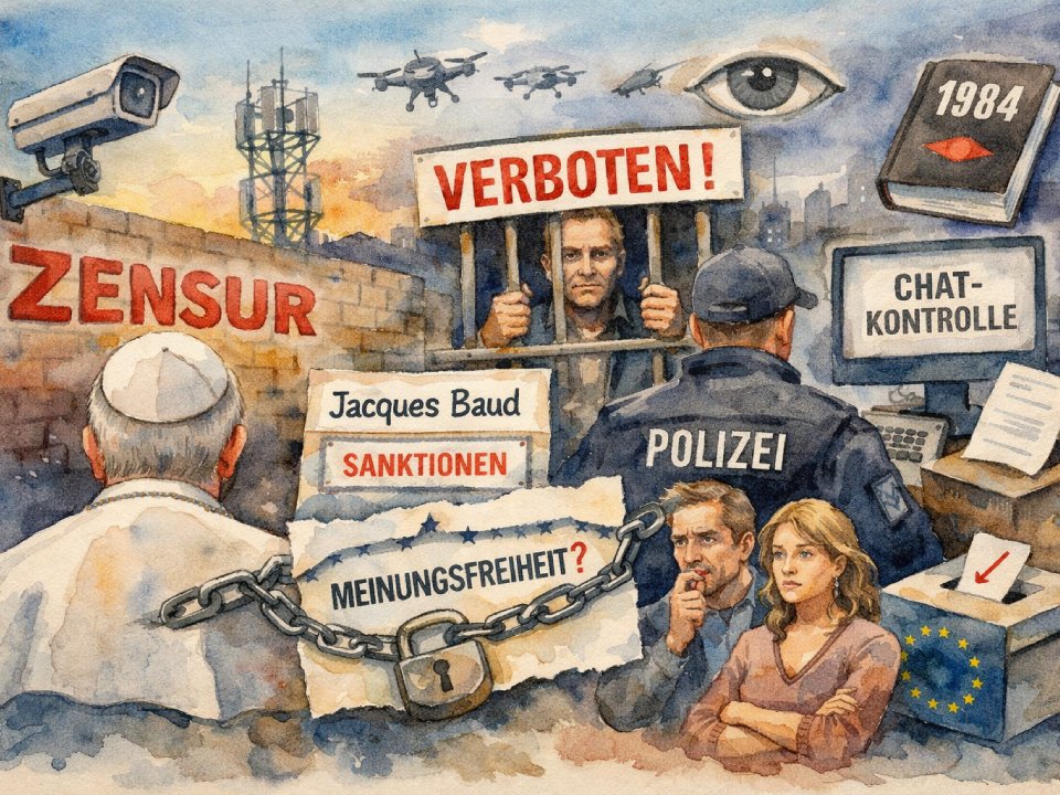 Eine Aquarellillustration, die die Zensur darstellt: ein inhaftierter Mann, Polizei, Überwachungskameras, "ZENSUR" an einer Wand, angekettete "Meinungsfreiheit" und Kontrollsymbole wie "1984" und "Verboten!"-Schilder.