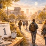 Eine sonnenbeschienene Straßenszene in der Stadt zeigt Menschen, die auf einem von Bäumen gesäumten Bürgersteig spazieren gehen. Im Vordergrund geben eine Kaffeetasse, ein Wecker und ein Kalender, der Montag 1 anzeigt, den Ton für den Wochenanfang an, während in der Nähe Wäsche aufgehängt wird und im Hintergrund Gebäude aufragen.