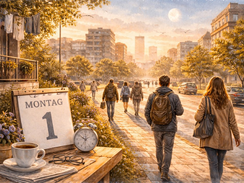 Eine sonnenbeschienene Straßenszene in der Stadt zeigt Menschen, die auf einem von Bäumen gesäumten Bürgersteig spazieren gehen. Im Vordergrund geben eine Kaffeetasse, ein Wecker und ein Kalender, der Montag 1 anzeigt, den Ton für den Wochenanfang an, während in der Nähe Wäsche aufgehängt wird und im Hintergrund Gebäude aufragen. Eine sonnenbeschienene Straßenszene in der Stadt zeigt Menschen, die auf einem von Bäumen gesäumten Bürgersteig spazieren gehen. Im Vordergrund geben eine Kaffeetasse, ein Wecker und ein Kalender, der Montag 1 anzeigt, den Ton für den Wochenanfang an, während in der Nähe Wäsche aufgehängt wird und im Hintergrund Gebäude aufragen.