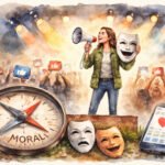 Eine Frau mit einem Megaphon und einer lächelnden Maske steht auf der Bühne, umgeben von Theatermasken, einem moralischen Kompass und einem Smartphone, das die Likes in den sozialen Medien anzeigt - als Symbol für den Druck, heute "Gutsein und gut aussehen" zu müssen -, während eine Menge mit Like-Zeichen im Bühnenlicht jubelt.