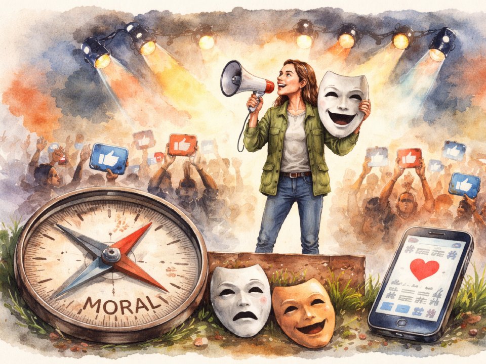 Eine Frau mit einem Megaphon und einer lächelnden Maske steht auf der Bühne, umgeben von Theatermasken, einem moralischen Kompass und einem Smartphone, das die Likes in den sozialen Medien anzeigt – als Symbol für den Druck, heute „Gutsein und gut aussehen“ zu müssen -, während eine Menge mit Like-Zeichen im Bühnenlicht jubelt. Eine Frau mit einem Megaphon und einer lächelnden Maske steht auf der Bühne, umgeben von Theatermasken, einem moralischen Kompass und einem Smartphone, das die Likes in den sozialen Medien anzeigt - als Symbol für den Druck, heute "Gutsein und gut aussehen" zu müssen -, während eine Menge mit Like-Zeichen im Bühnenlicht jubelt.