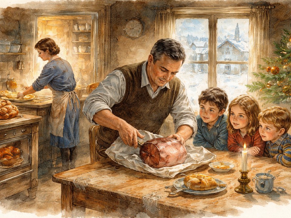 Ein Mann schneidet an einem Holztisch einen Weihnachtsschinken auf, während Düfte von festlichen Speisen die Luft erfüllen und drei Kinder eifrig zusehen. Eine Frau bereitet das Essen in der Küche zu. Der gemütliche Raum ist mit einer brennenden Kerze, einem Weihnachtsbaum und einer verschneiten Winterlandschaft durch das Fenster ausgestattet. Ein Mann schneidet an einem Holztisch einen Weihnachtsschinken auf, während Düfte von festlichen Speisen die Luft erfüllen und drei Kinder eifrig zusehen. Eine Frau bereitet das Essen in der Küche zu. Der gemütliche Raum ist mit einer brennenden Kerze, einem Weihnachtsbaum und einer verschneiten Winterlandschaft durch das Fenster ausgestattet.